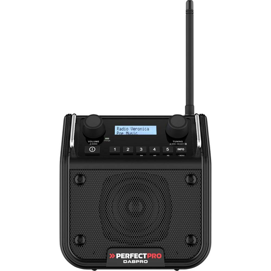 PerfectPro DABPRO Byggarbetsradio DAB+, FM AUX, Bluetooth, DAB+, FM Stötsäker, uppladdningsbart Svart