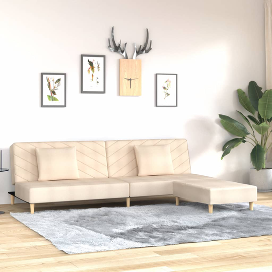 vidaXL Bäddsoffa 2-sits med två kuddar och fotpall gräddvit tyg