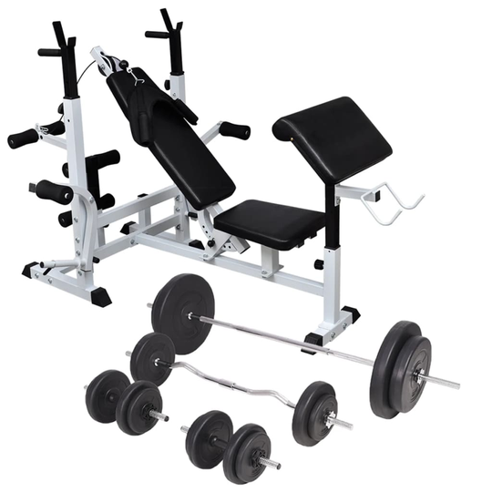 vidaXL Viktbänk set med viktställning skivstång och hantlar 90 kg