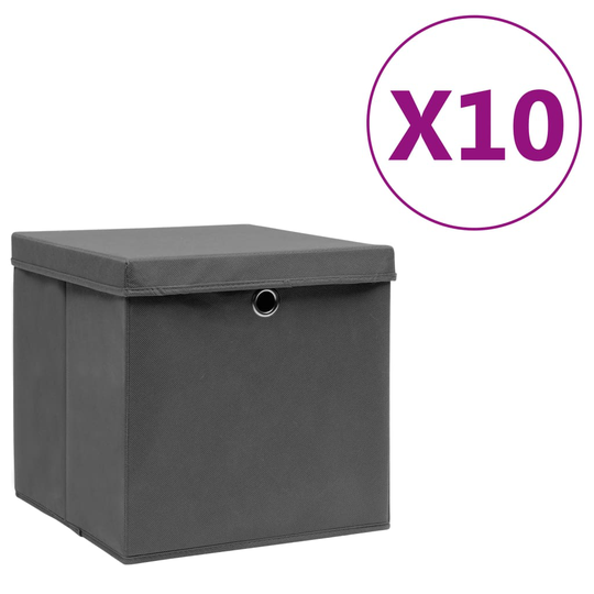vidaXL Förvaringslådor med lock 10 st 28x28x28 cm grå