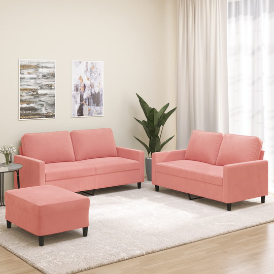 vidaXL Soffgrupp med dynor 3 delar rosa sammet