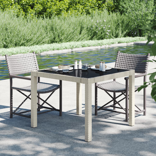 vidaXL Utebord 90x90x75 cm Härdat glas och konstrotting beige