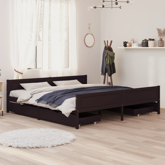 vidaXL Sängram med 4 lådor mörkbrun 200x200 cm massiv furu
