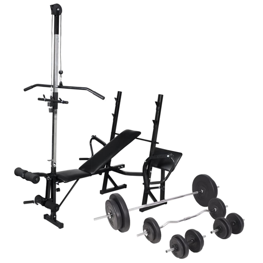 vidaXL Träningsbänk set med viktställning skivstång och hantlar 90 kg