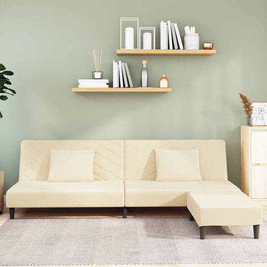vidaXL Bäddsoffa 2-sits med två kuddar och fotpall gräddvit sammet