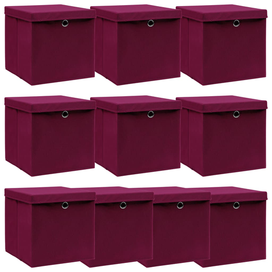 vidaXL Förvaringslådor med lock 10 st mörkröd 32x32x32 cm tyg