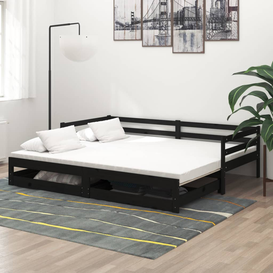 vidaXL Dagbädd utdragbar 2x(90x200) cm svart massiv furu