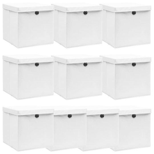 vidaXL Förvaringslådor med lock 10 st vit 32x32x32 cm tyg