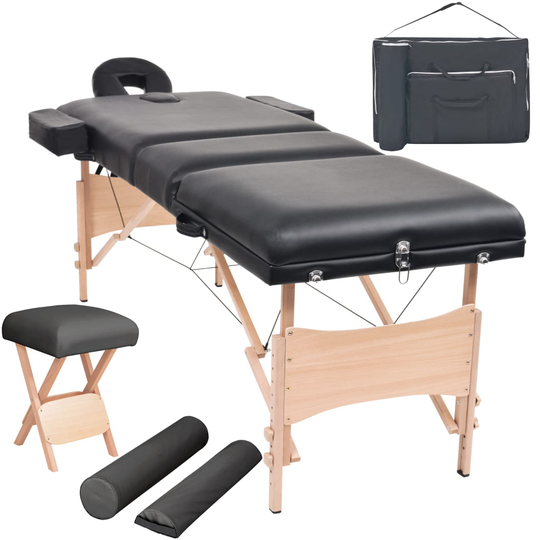 vidaXL Hopfällbar massagebänk 3 sektioner och pall set 10 cm tjock svart