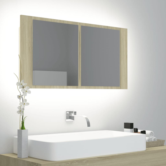vidaXL Spegelskåp med LED sonoma-ek 90x12x45 cm