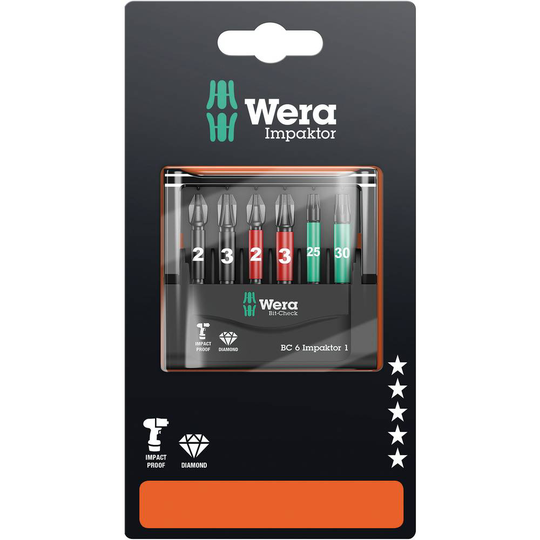 Wera Mini-Check IMP DC 50 mm PH/PZ/TX 05073890001 Bit-Set 6 delar Stjärnspår Phillips, Stjärnspår Pozidriv, Inner-TORX Impactor-teknik