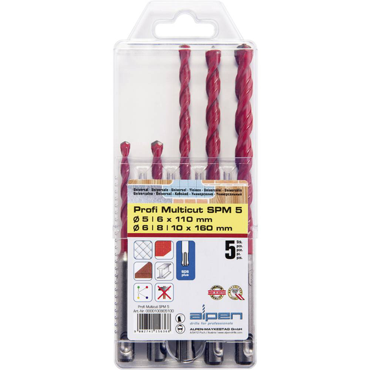 Hårdmetall Multiborrset 5 delar 5 mm, 6 mm, 8 mm, 10 mm Alpen MultiCut 100905100 SDS-Plus 1 set