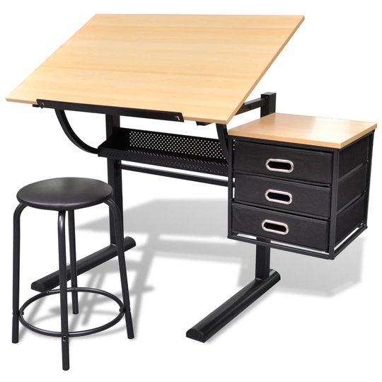 vidaXL Vinklingsbart ritbord med 3 lådor och 1 pall