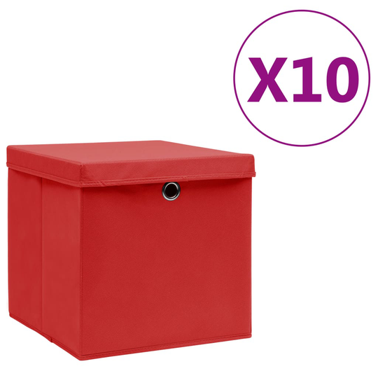vidaXL Förvaringslådor med lock 10 st 28x28x28 cm röd