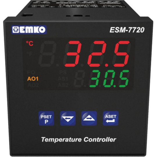 Emko ESM-7720.5.20.0.1/01.02/0.0.0.0 2-punkts, P, PI, PD, PID Termostat Pt100, J, K, R, S, T -200 till 1700 °C Relä 5 A, SSR (L x B x H) 95 x 72 x 72 mm