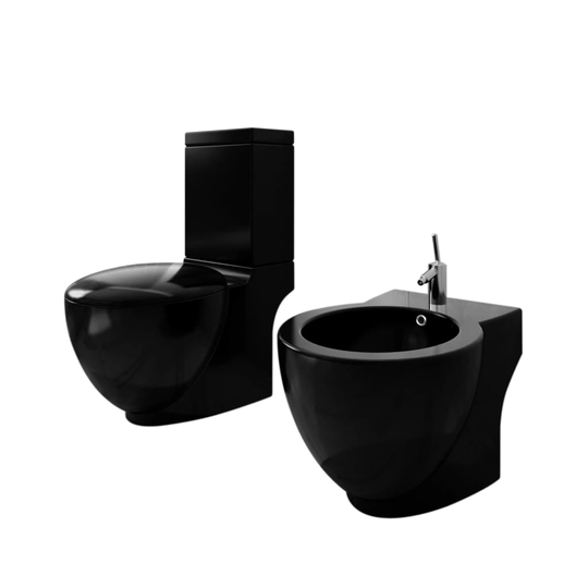 Toalettstol och bidé svart keramik inkl. cistern