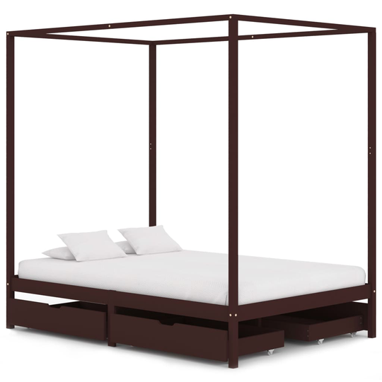 vidaXL Himmelsäng med 4 lådor mörkbrun massiv furu 140x200 cm