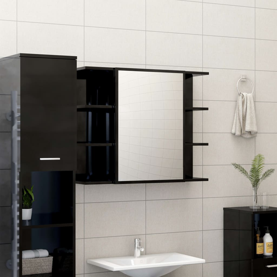 vidaXL Spegelskåp för badrum svart högglans 80x20,5x64 cm spånskiva