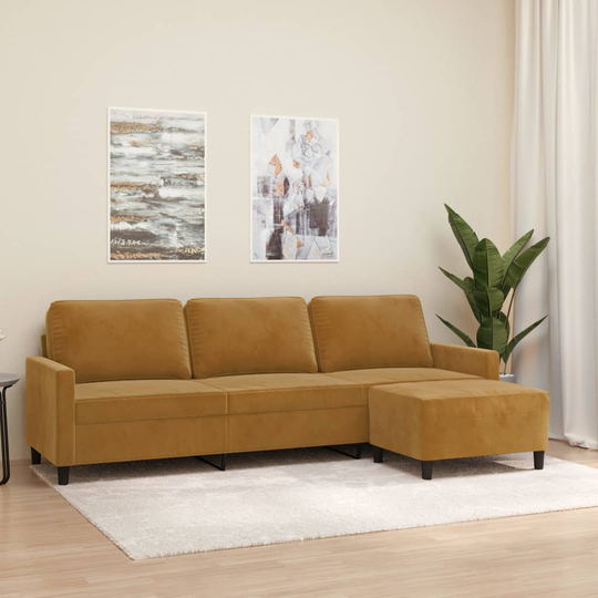 vidaXL 3-sitssoffa med fotpall brun 210 cm sammet