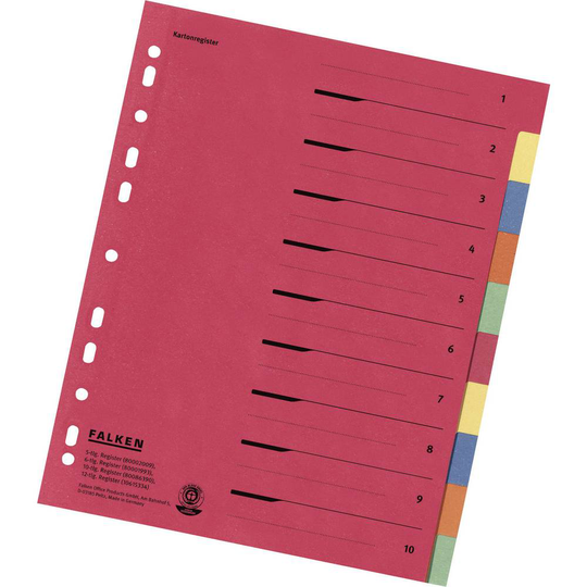 Falken Register 80086390 DIN A4 , Överskottsbredd tom Kartong Flerfärgad 10 registerblad med organisationstryck 80086390