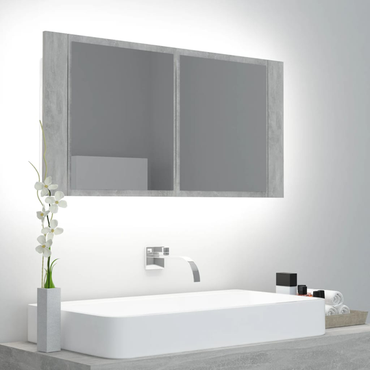 vidaXL Spegelskåp med LED betonggrå 90x12x45 cm