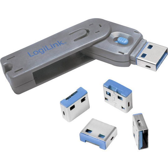 LogiLink USB-portlås USB PORT LOCK, 1 KEY + 4 LOCKS Set 4 st Silver, Blå inkl. 1 nyckel AU0043