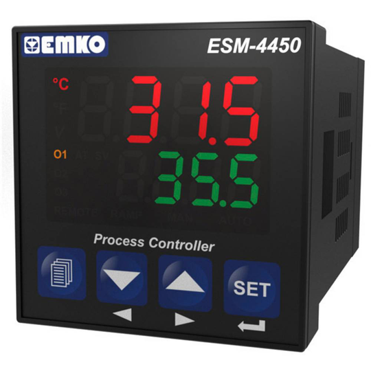 Emko ESM-4450.1.20.1.1/01.04/0.0.0.0 2-punkts, P, PI, PD, PID Termostat Pt100, J, K, R, S, T -200 till 1700 °C Relä 5 A, Relä 3 A (L x B x H) 117 x 48 x 48 mm