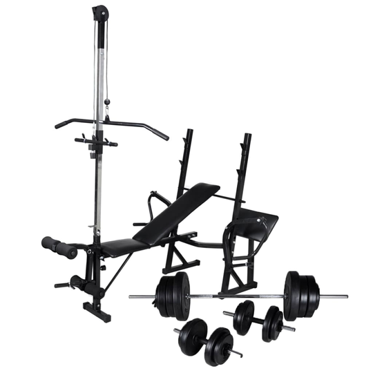 vidaXL Träningsbänk set med viktställning skivstång och hantlar 60,5kg
