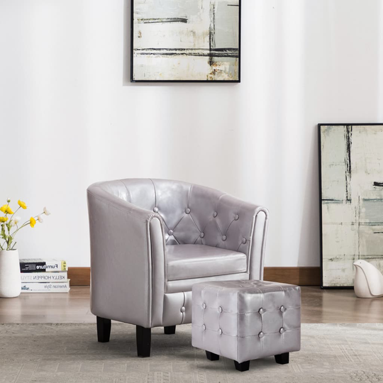 vidaXL Fåtölj med fotpall silver konstläder