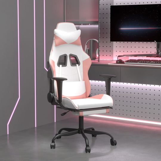 vidaXL Gamingstol med massage och fotstöd vit och rosa konstläder