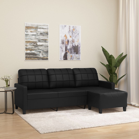 vidaXL 3-sitssoffa med fotpall Svart 180 cm Konstläder