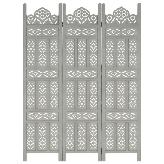 vidaXL Rumsavdelare 3 paneler handsnidad grå 120x165 cm mangoträ