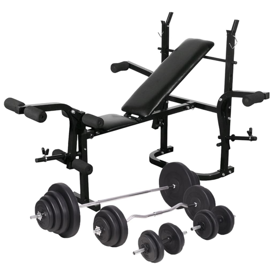 vidaXL Viktbänk set med viktställning skivstång och hantlar 120 kg
