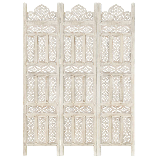 vidaXL Rumsavdelare 3 paneler handsnidad vit 120x165 cm mangoträ
