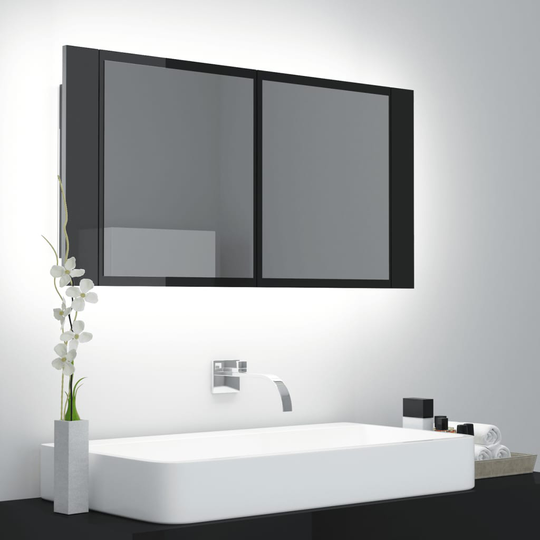 vidaXL Spegelskåp för badrum LED svart högglans 90x12x45 cm