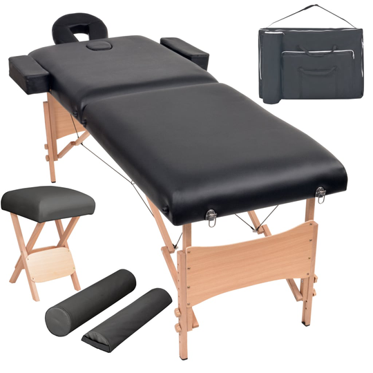 vidaXL Hopfällbar massagebänk 2 sektioner och pall set 10 cm tjock svart