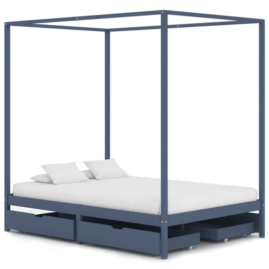 vidaXL Himmelsäng med 4 lådor grå massiv furu 140x200 cm