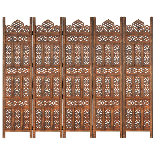 vidaXL Rumsavdelare 5 paneler handsnidad brun 120x165 cm mangoträ