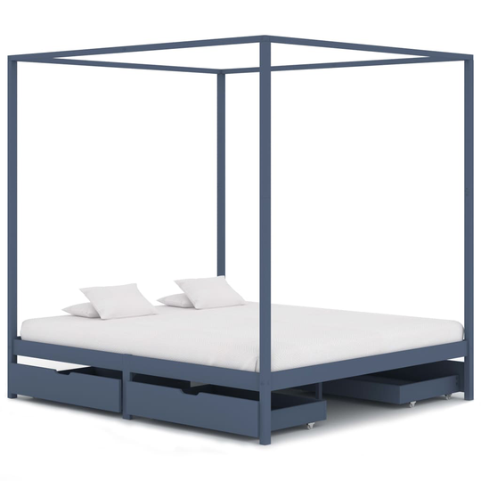 vidaXL Himmelsäng med 4 lådor grå massiv furu 160x200 cm