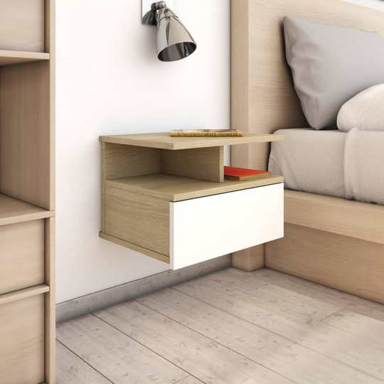 vidaXL Svävande sängbord vit och sonoma-ek 40x31x27 cm spånskiva