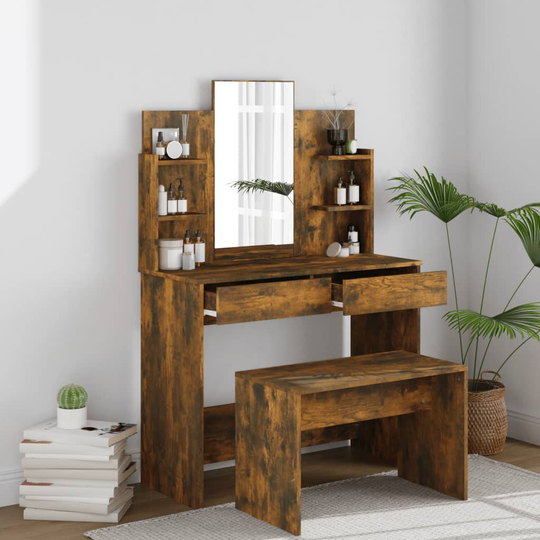 vidaXL Sminkbord set rökfärgad ek 96x40x142 cm
