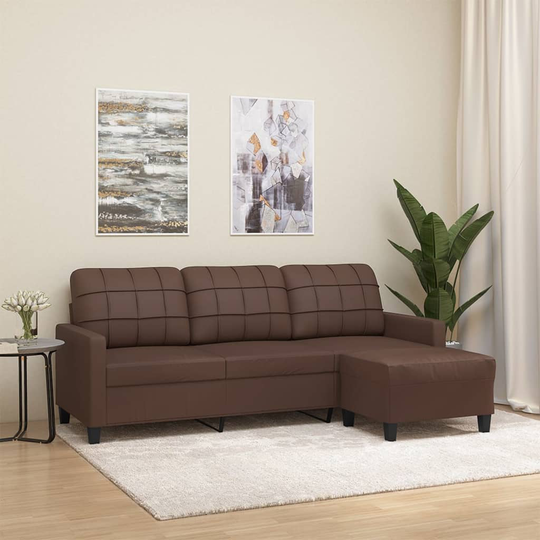 vidaXL 3-sitssoffa med fotpall brun 180 cm konstläder