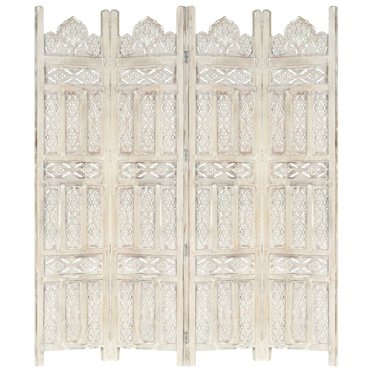 vidaXL Rumsavdelare 4 paneler handsnidad vit 160x165 cm mangoträ