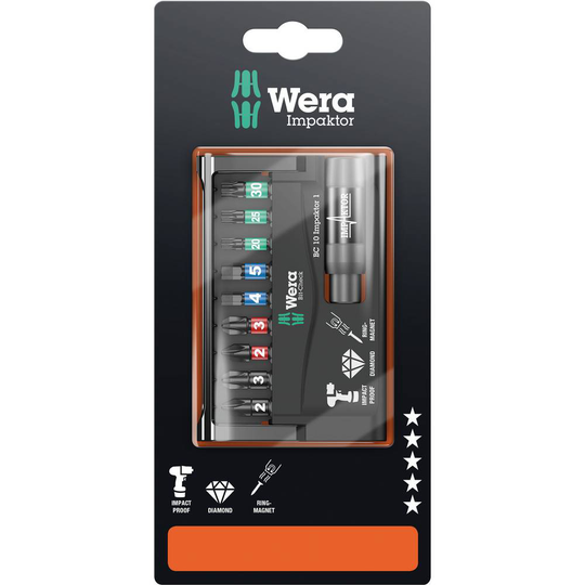 Wera 8740/51/55/67-9/IMP DC 05073980001 Bit-Set 10 delar Stjärnspår Phillips, Stjärnspår Pozidriv, Inner-sexkantig, Inner-TORX Impactor-teknik