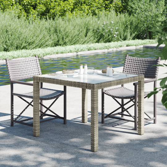 vidaXL Utebord 90x90x75 cm Härdat glas och konstrotting grå