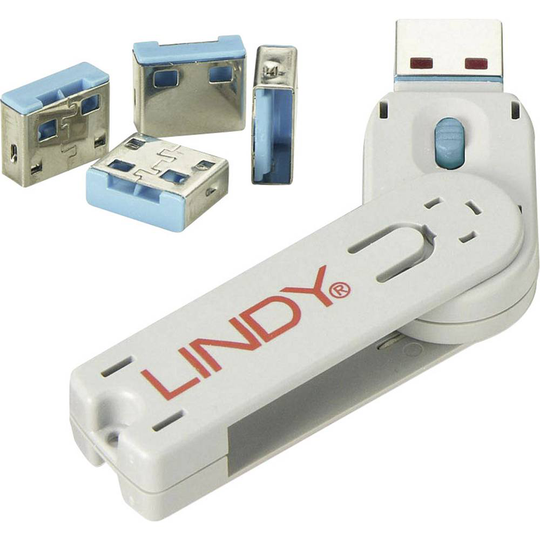 LINDY USB-portlås USB-Lock + Key Set 4 st Blå inkl. 1 nyckel 40452