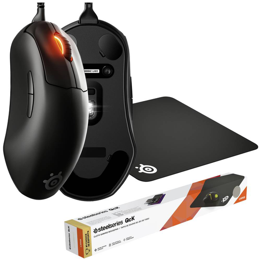 Steelseries Prime+, QcK Large Bundle Gaming-mus Optisk Ergonomisk, Upplyst Svart