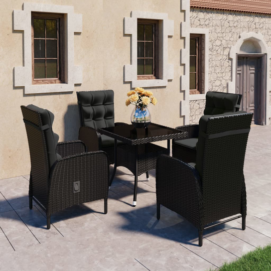 vidaXL Matgrupp för trädgården 5 delar konstrotting och glas svart