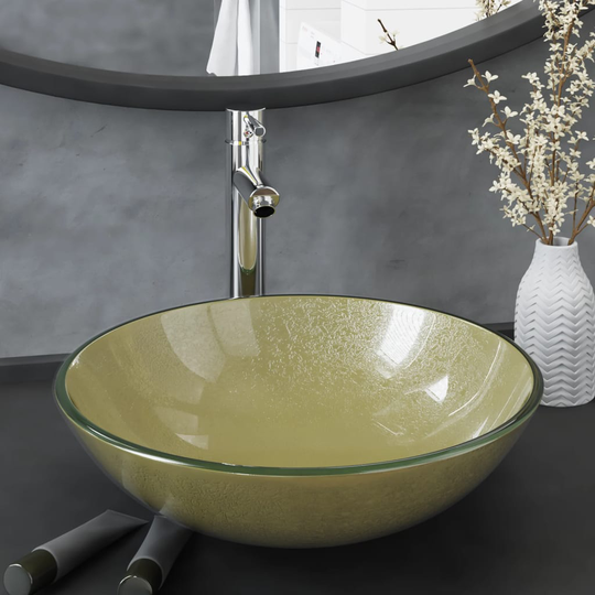 vidaXL Handfat med kran och bottenventil guld härdat glas
