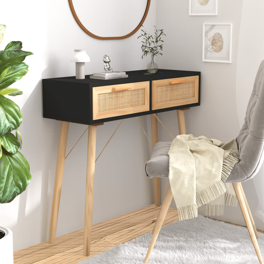 vidaXL Konsolbord svart 80x30x75 cm massiv furu och naturlig rotting
